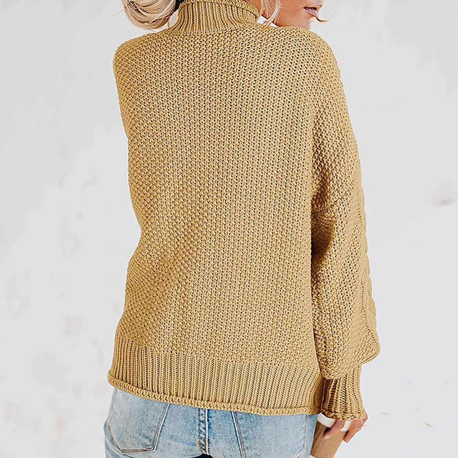 Womens Fall Clothes Fisherman Cable Knit Sweater Mock Neck Lantern Sleeve Knit Top Comfy Clothes for Flying