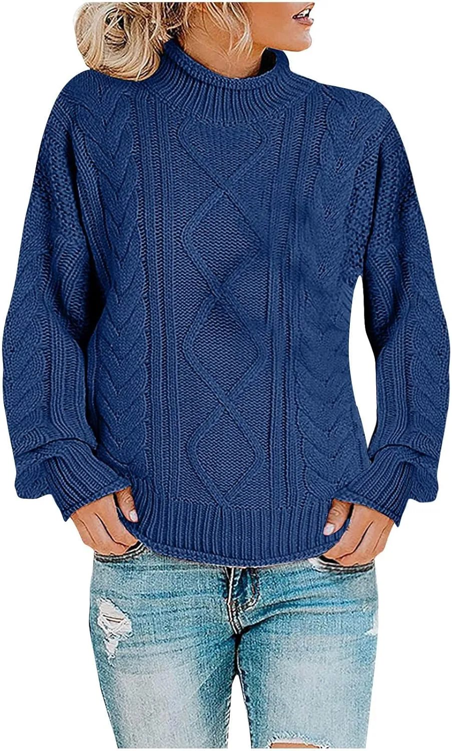 Womens Fall Clothes Fisherman Cable Knit Sweater Mock Neck Lantern Sleeve Knit Top Comfy Clothes for Flying