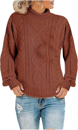 Womens Fall Clothes Fisherman Cable Knit Sweater Mock Neck Lantern Sleeve Knit Top Comfy Clothes for Flying
