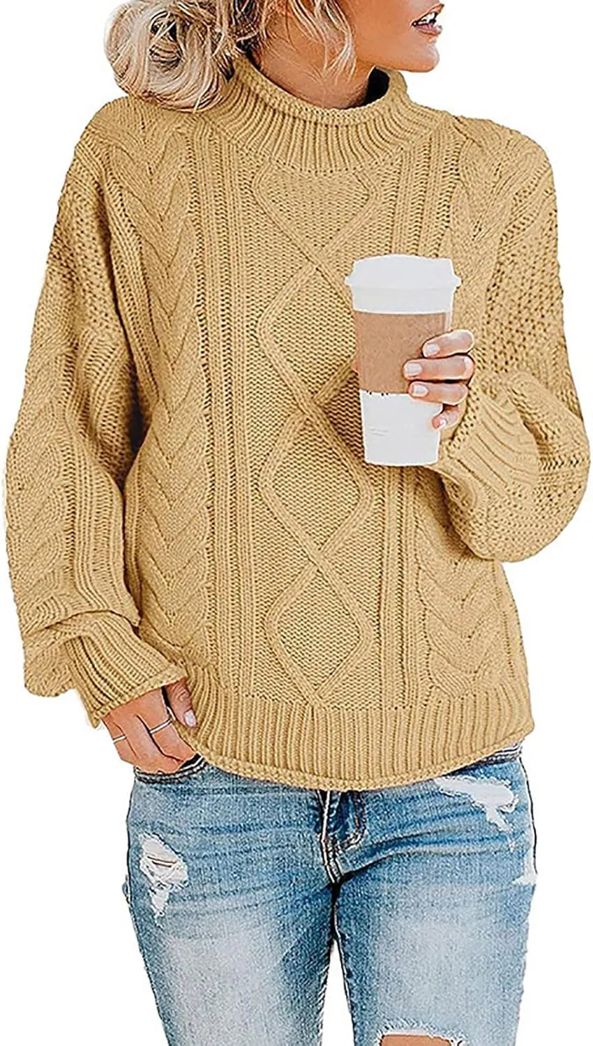 Womens Fall Clothes Fisherman Cable Knit Sweater Mock Neck Lantern Sleeve Knit Top Comfy Clothes for Flying