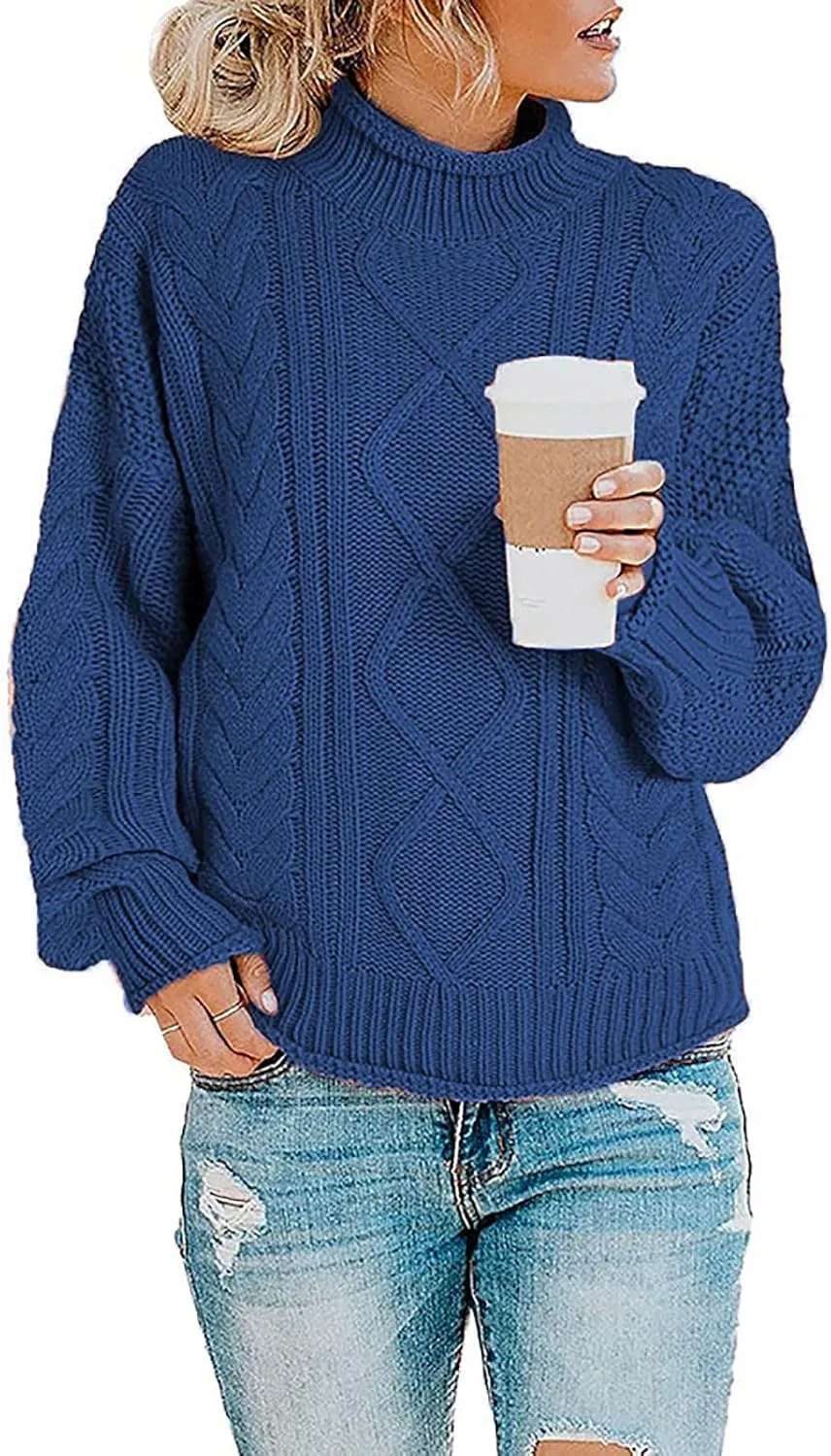 Womens Fall Clothes Fisherman Cable Knit Sweater Mock Neck Lantern Sleeve Knit Top Comfy Clothes for Flying