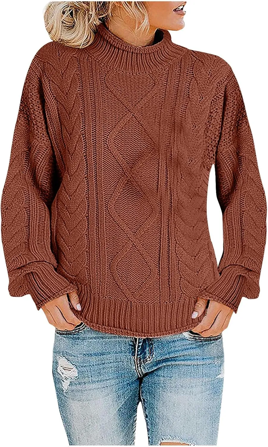 Womens Fall Clothes Fisherman Cable Knit Sweater Mock Neck Lantern Sleeve Knit Top Comfy Clothes for Flying