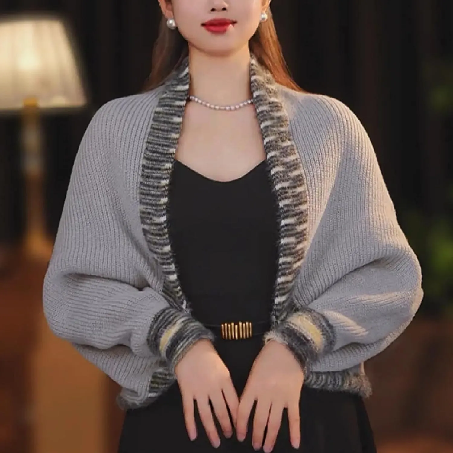 Women's Fashion Cable Knitted Sweater Shawl Long Sleeve Open Front Slouchy Cardigan Oversized Wrap Crop Sweater Shrug