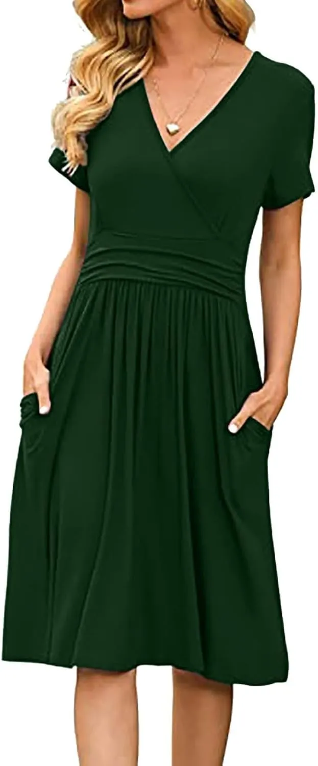 Women's Fashion Short Sleeve Printed Pocket Midi Length Casual Skirt Mix Dresses for Women