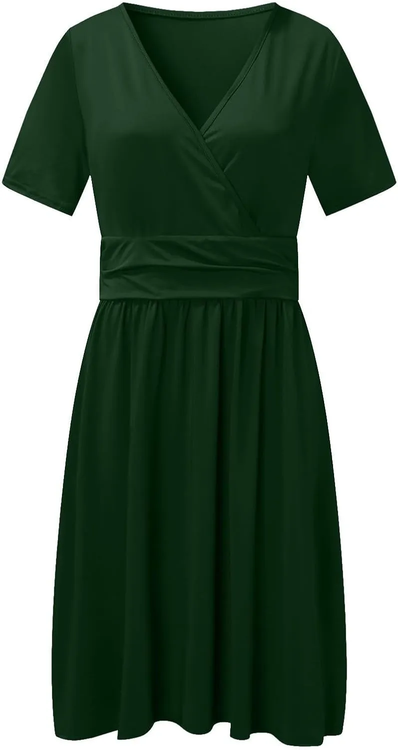 Women's Fashion Short Sleeve Printed Pocket Midi Length Casual Skirt Mix Dresses for Women