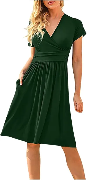 Women's Fashion Short Sleeve Printed Pocket Midi Length Casual Skirt Mix Dresses for Women