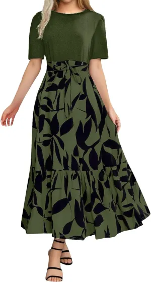 Women's Floral Maxi Dresses Summer Casual Crewneck Short Sleeve A Line Belted Ruffle Flowy Long Beach Vacation Boho Dress