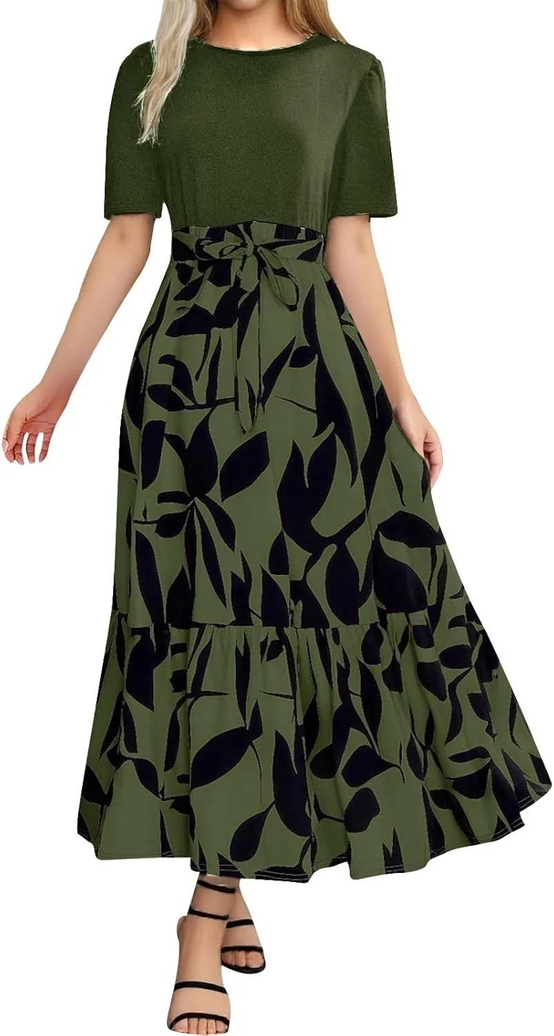 Women's Floral Maxi Dresses Summer Casual Crewneck Short Sleeve A Line Belted Ruffle Flowy Long Beach Vacation Boho Dress