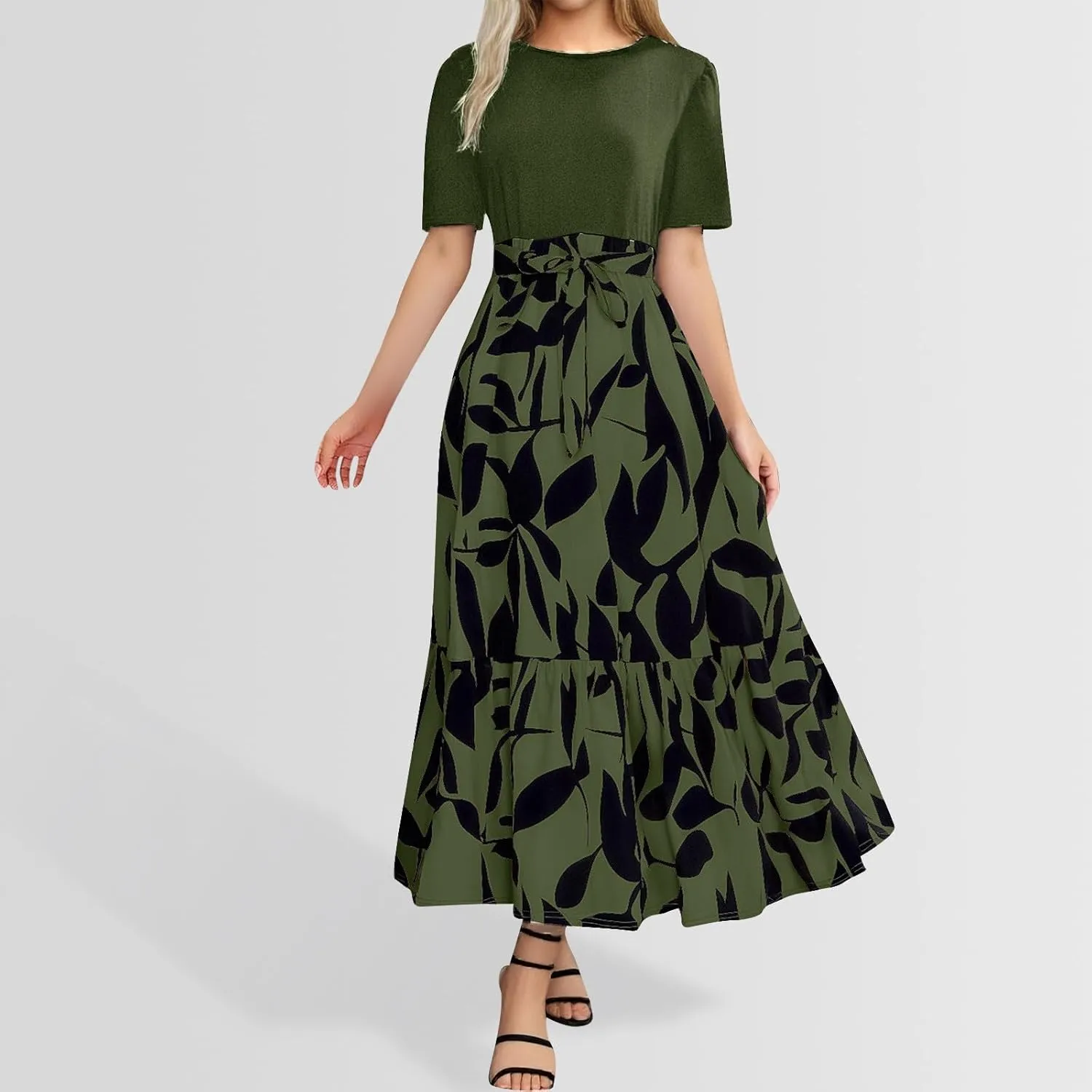 Women's Floral Maxi Dresses Summer Casual Crewneck Short Sleeve A Line Belted Ruffle Flowy Long Beach Vacation Boho Dress