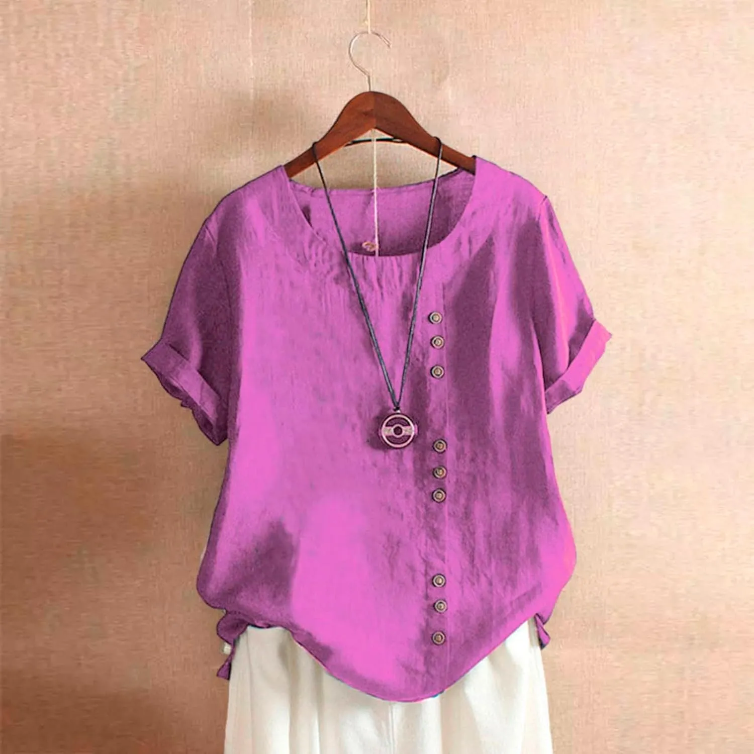Womens Floral Print Linen Short Sleeve T Shirts Summer Dressy Casual Oversized Blouse Top V Neck Loose Tshirt