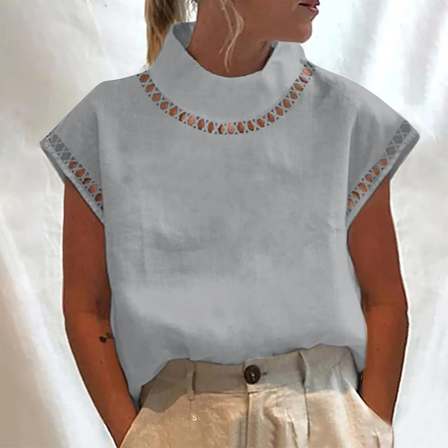 Womens Floral Print Linen Short Sleeve T Shirts Summer Dressy Casual Oversized Blouse Top V Neck Loose Tshirt