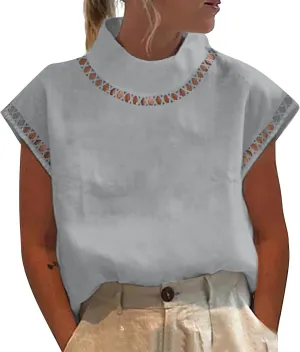 Womens Floral Print Linen Short Sleeve T Shirts Summer Dressy Casual Oversized Blouse Top V Neck Loose Tshirt