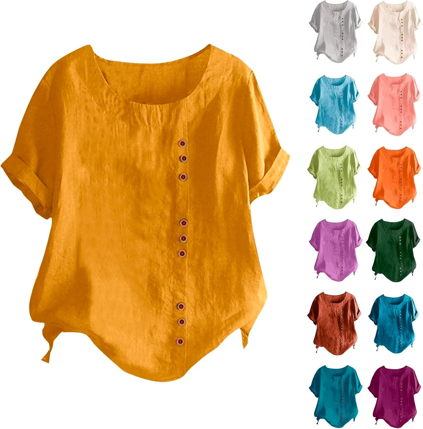 Womens Floral Print Linen Short Sleeve T Shirts Summer Dressy Casual Oversized Blouse Top V Neck Loose Tshirt