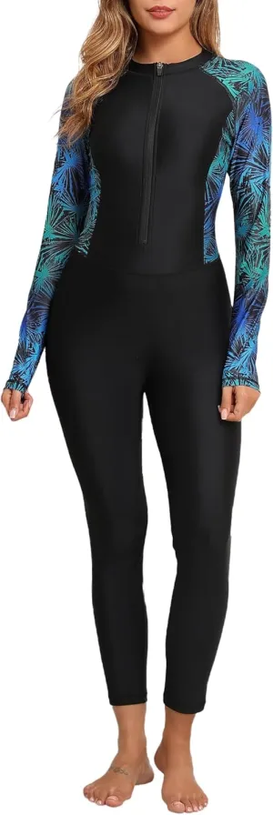 Womens Full Body Zip Front Rash Guard Long Sleeve One Piece Bathing Suit with Built in Bra UPF50  Surf Swimsuit