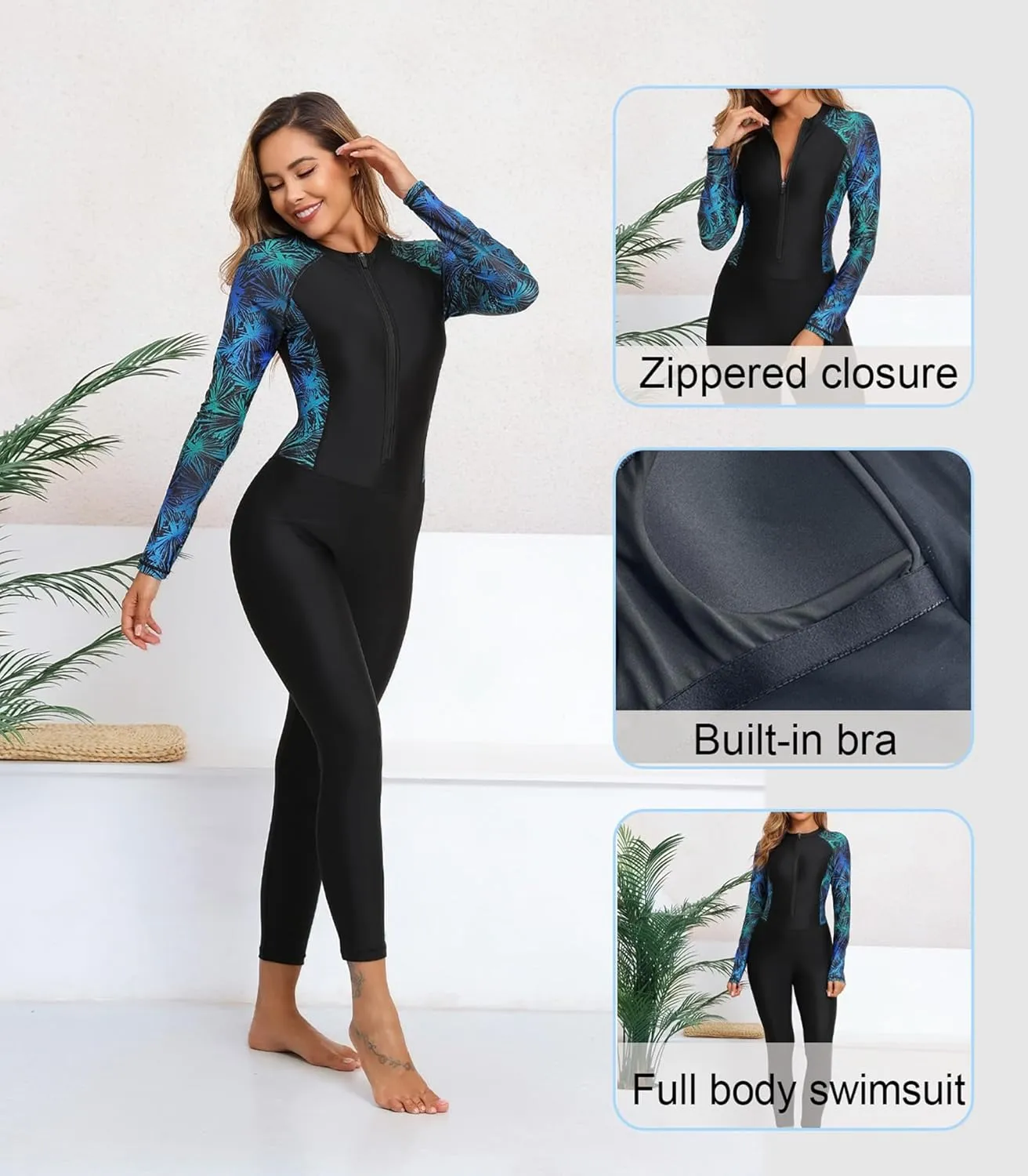 Womens Full Body Zip Front Rash Guard Long Sleeve One Piece Bathing Suit with Built in Bra UPF50  Surf Swimsuit