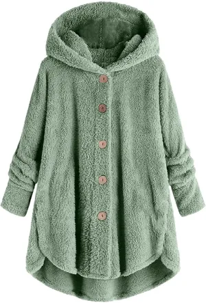 Womens Fuzzy Sherpa Hooded Jacket Fall 2024 Shaggy Fleece Soft Warm Coat Long Sleeve Button Down Cardigan Sweaters