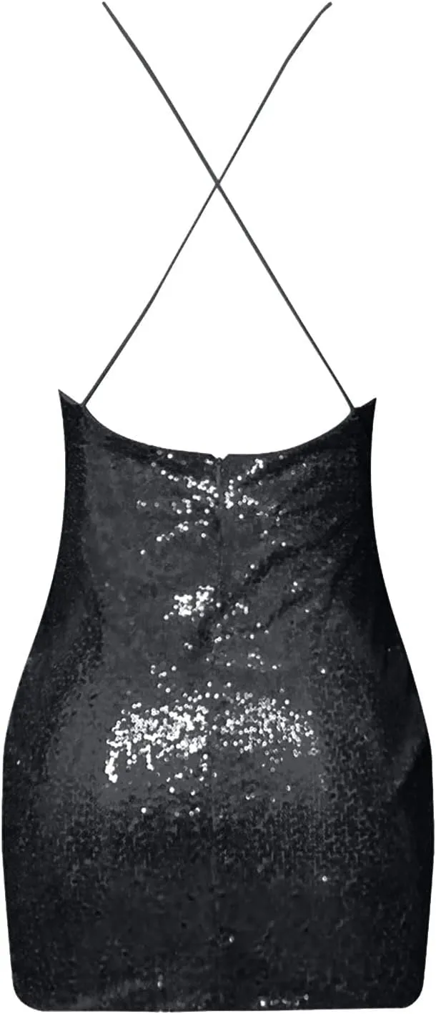 Women's Glitter Sequin Dresses V Neck Spaghetti Strap Backless Ruched Bodycon Mini Party Dress Cocktail Wrap Dresses