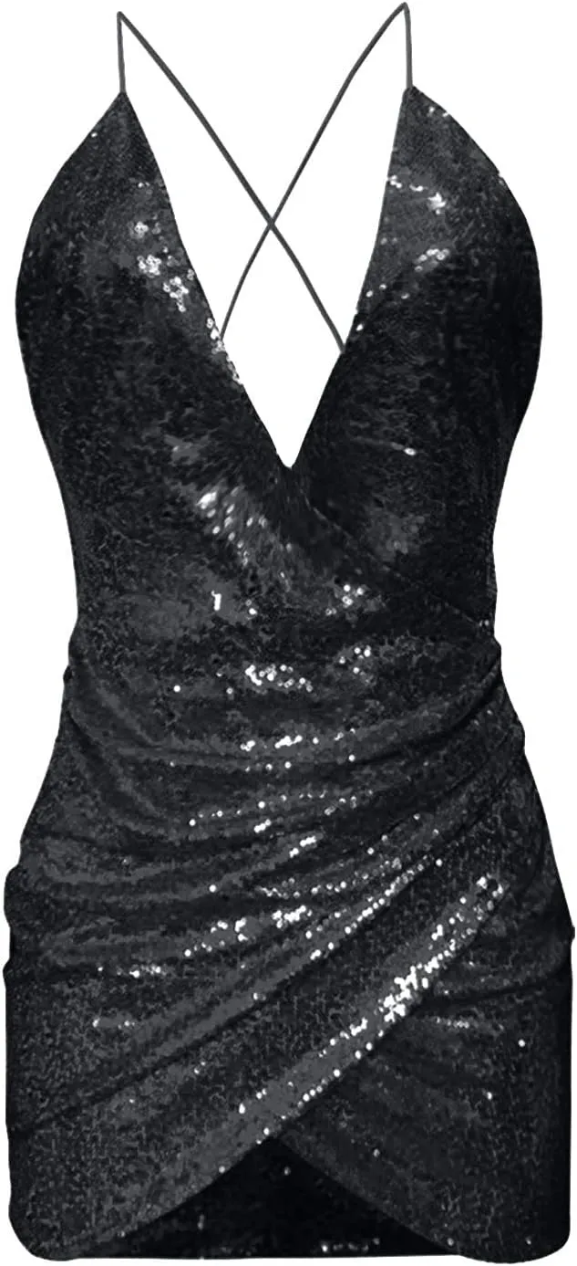 Women's Glitter Sequin Dresses V Neck Spaghetti Strap Backless Ruched Bodycon Mini Party Dress Cocktail Wrap Dresses