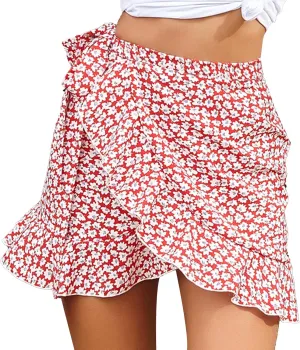 Womens High Waist Ruffle Mini Skirt Flared Flowy A Line Pleated Tennis Skirts Casual Boho Floral Skorts Beach Wear