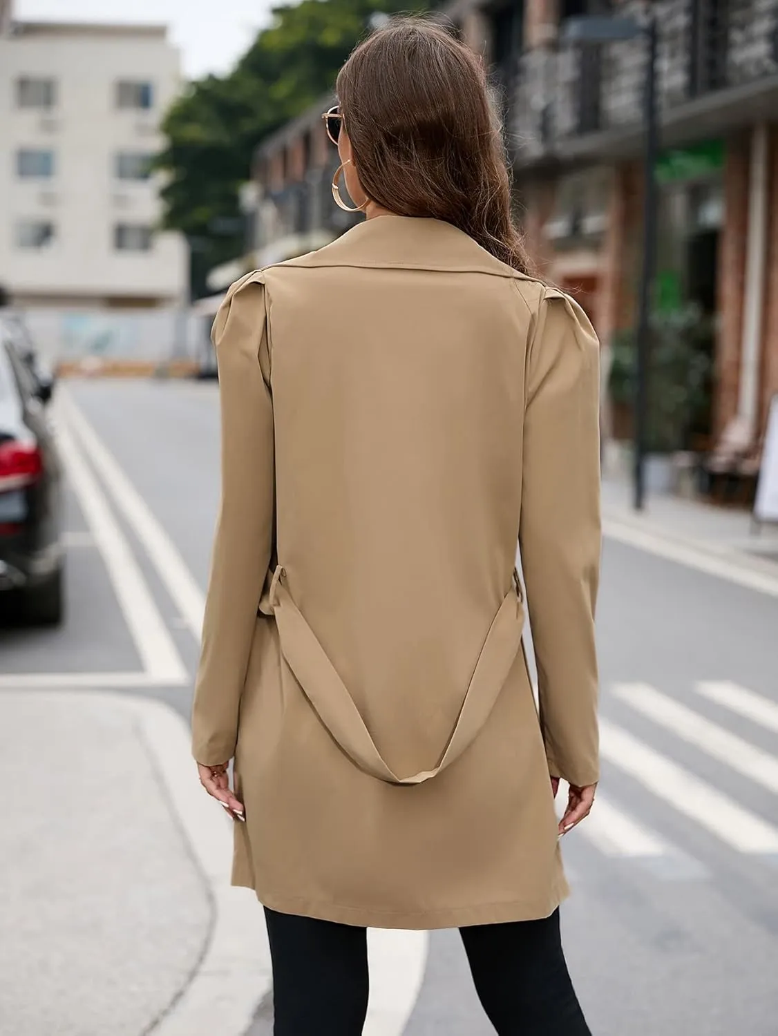 Women's Jackets Puff Sleeve Double Breasted Belted Trench Coat Women Jackets (Color : Khaki, Size : Medium)