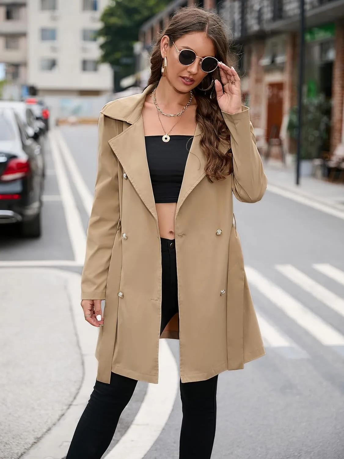 Women's Jackets Puff Sleeve Double Breasted Belted Trench Coat Women Jackets (Color : Khaki, Size : Medium)