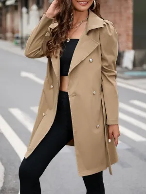 Women's Jackets Puff Sleeve Double Breasted Belted Trench Coat Women Jackets (Color : Khaki, Size : Medium)