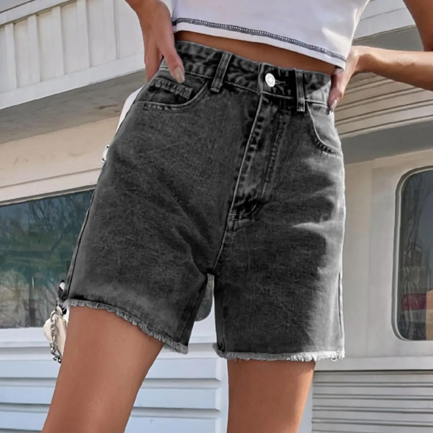 Womens Jean Shorts Distressed High Waisted Raw Hem Casual Denim Shorts Summer Fashion Stretchy Bottoms with Pockets