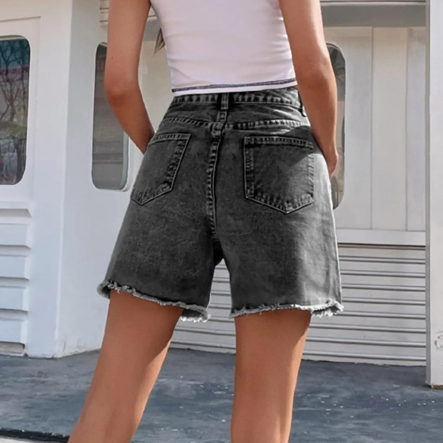 Womens Jean Shorts Distressed High Waisted Raw Hem Casual Denim Shorts Summer Fashion Stretchy Bottoms with Pockets
