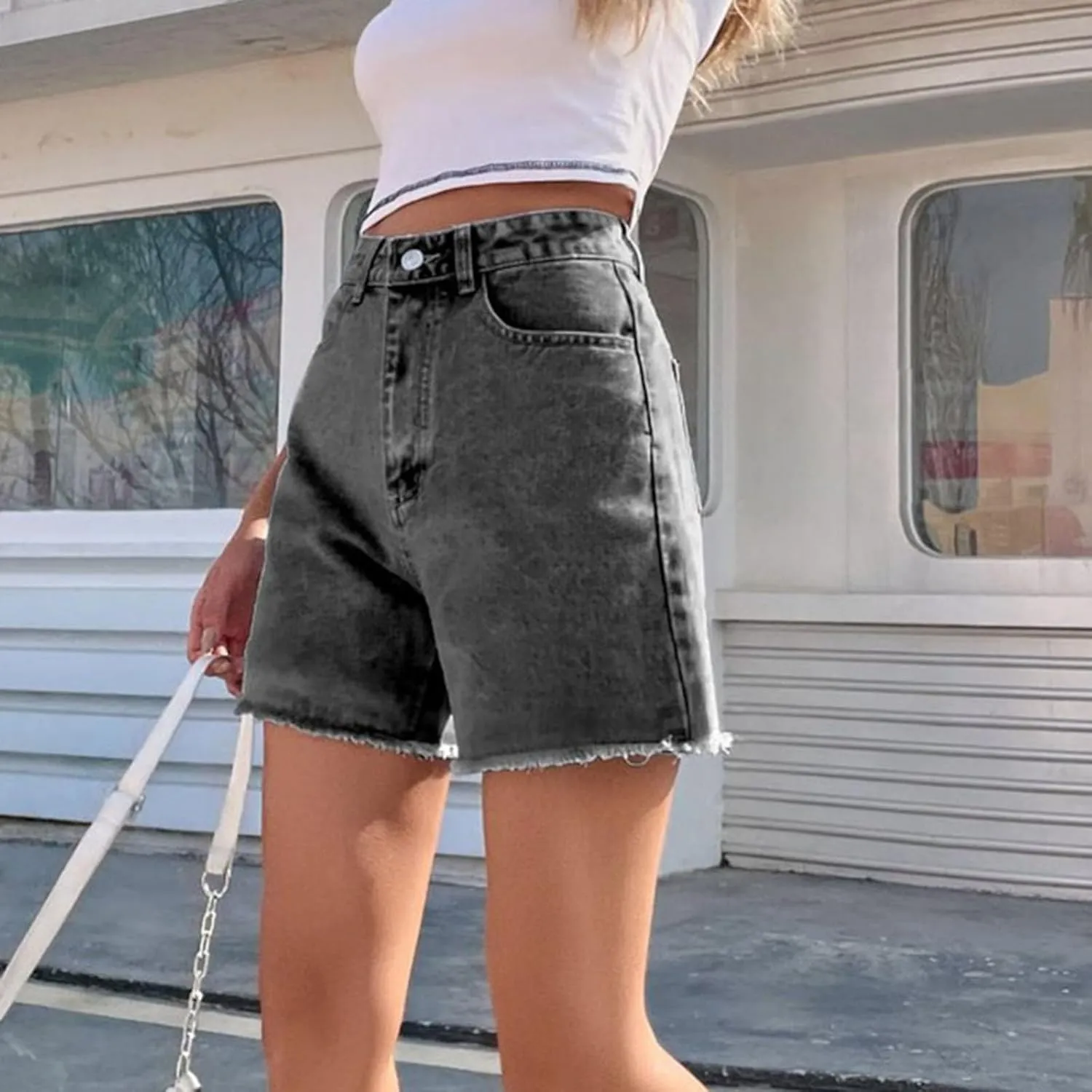 Womens Jean Shorts Distressed High Waisted Raw Hem Casual Denim Shorts Summer Fashion Stretchy Bottoms with Pockets