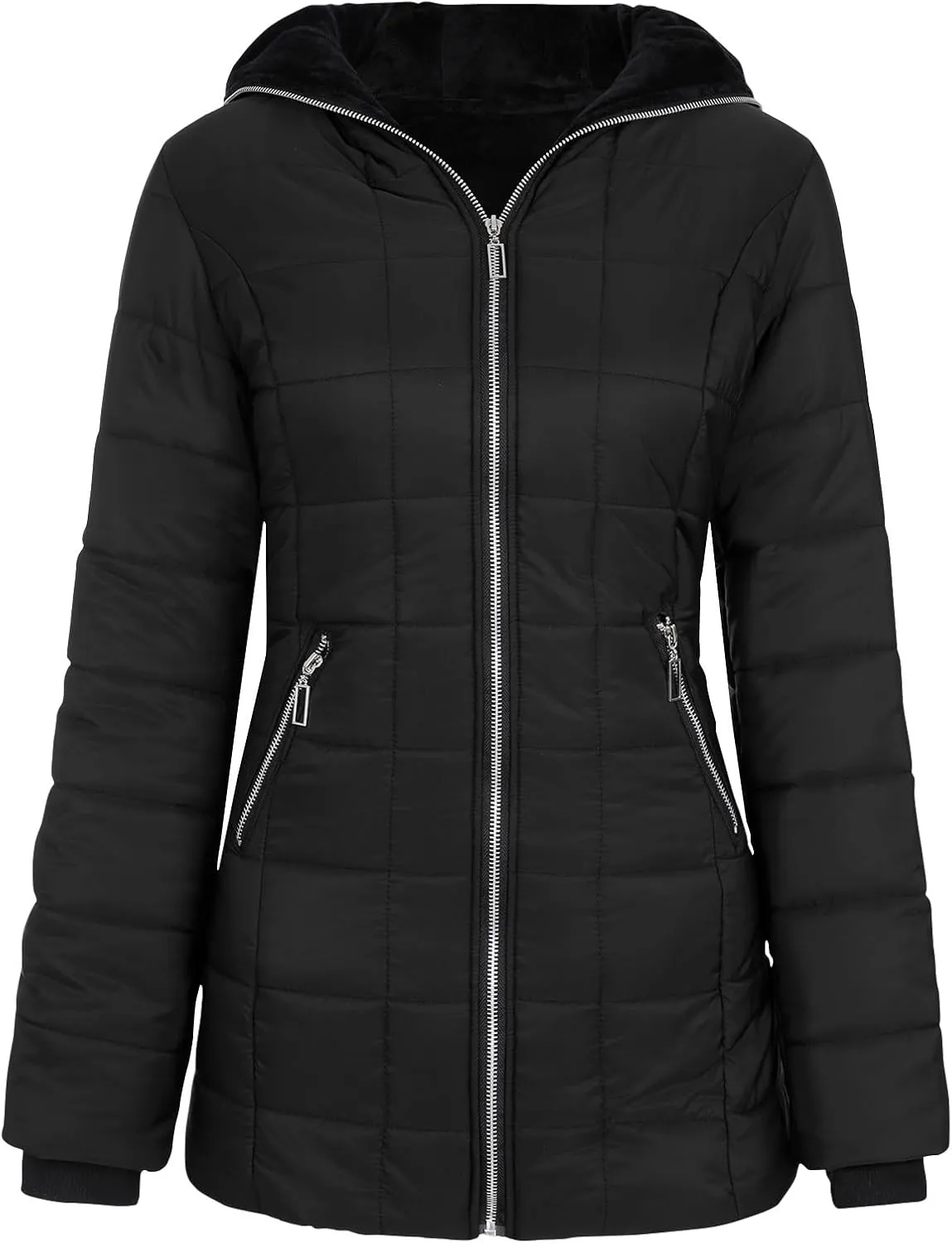Womens Lightweight Puffer Jacket Winter Coats Warm Quilted Bubble Padded Coat Faux Fur Hooded Coatigan Outerwear