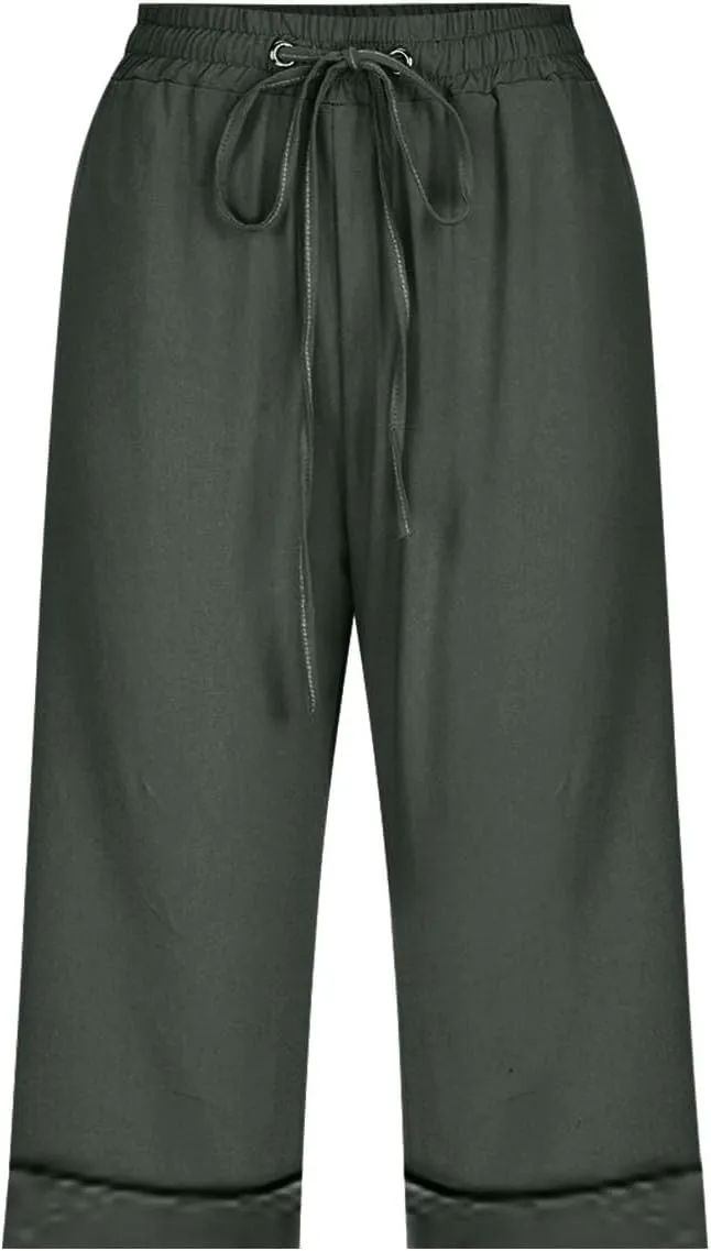 Womens Linen Boho Capris Pants Fashion Drawstring Elastic Trousers Comfy Straight Leg Long Womens Capris for Summer