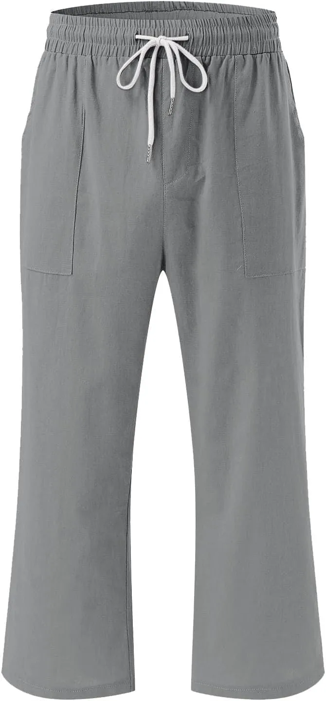 Womens Linen Boho Capris Pants Fashion Drawstring Elastic Trousers Comfy Straight Leg Long Womens Capris for Summer