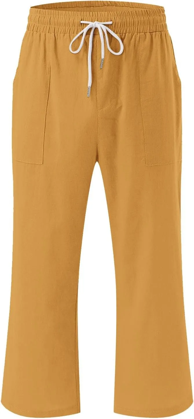 Womens Linen Boho Capris Pants Fashion Drawstring Elastic Trousers Comfy Straight Leg Long Womens Capris for Summer