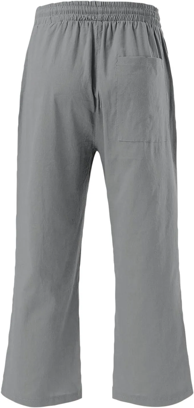 Womens Linen Boho Capris Pants Fashion Drawstring Elastic Trousers Comfy Straight Leg Long Womens Capris for Summer