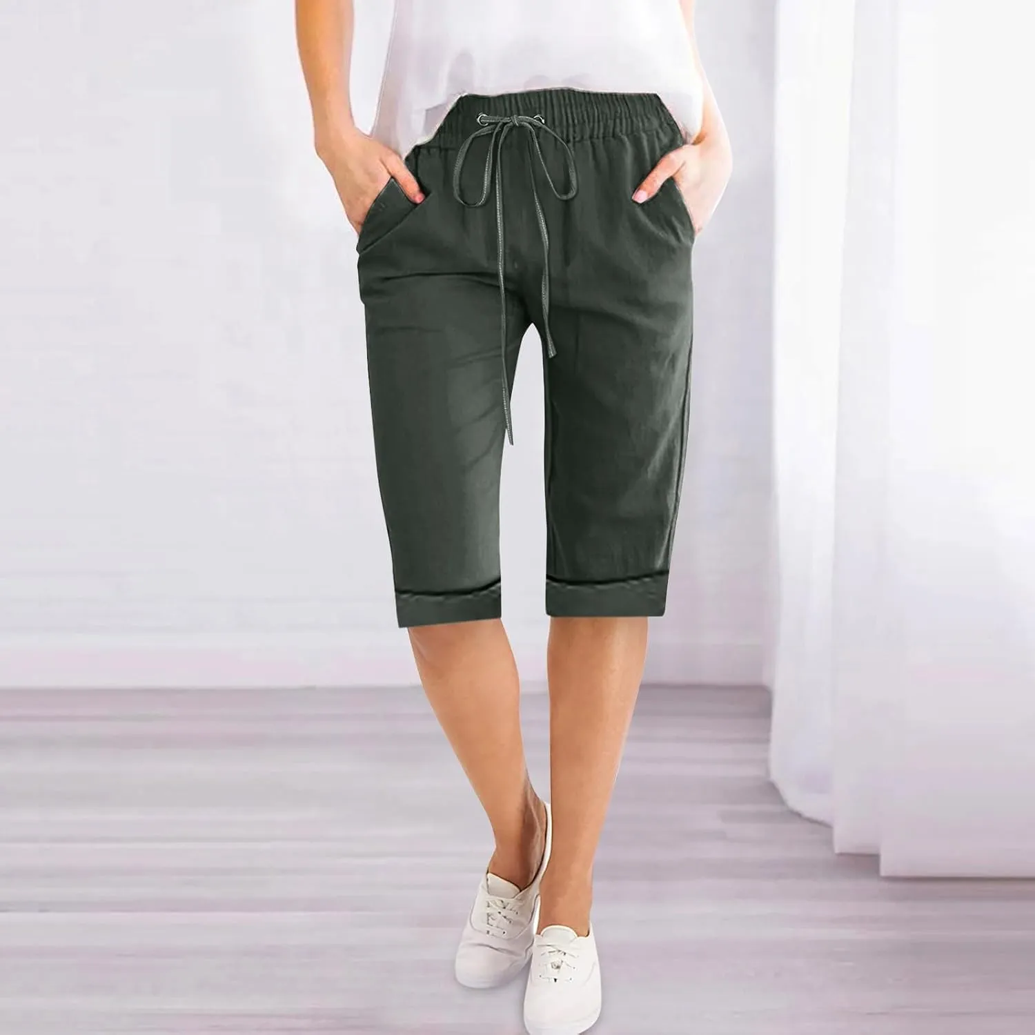 Womens Linen Boho Capris Pants Fashion Drawstring Elastic Trousers Comfy Straight Leg Long Womens Capris for Summer