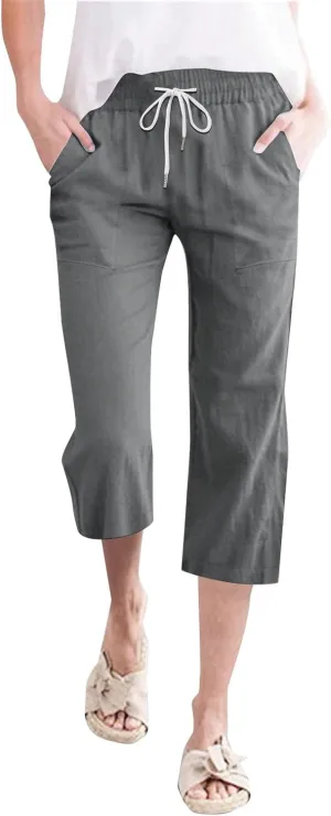Womens Linen Boho Capris Pants Fashion Drawstring Elastic Trousers Comfy Straight Leg Long Womens Capris for Summer