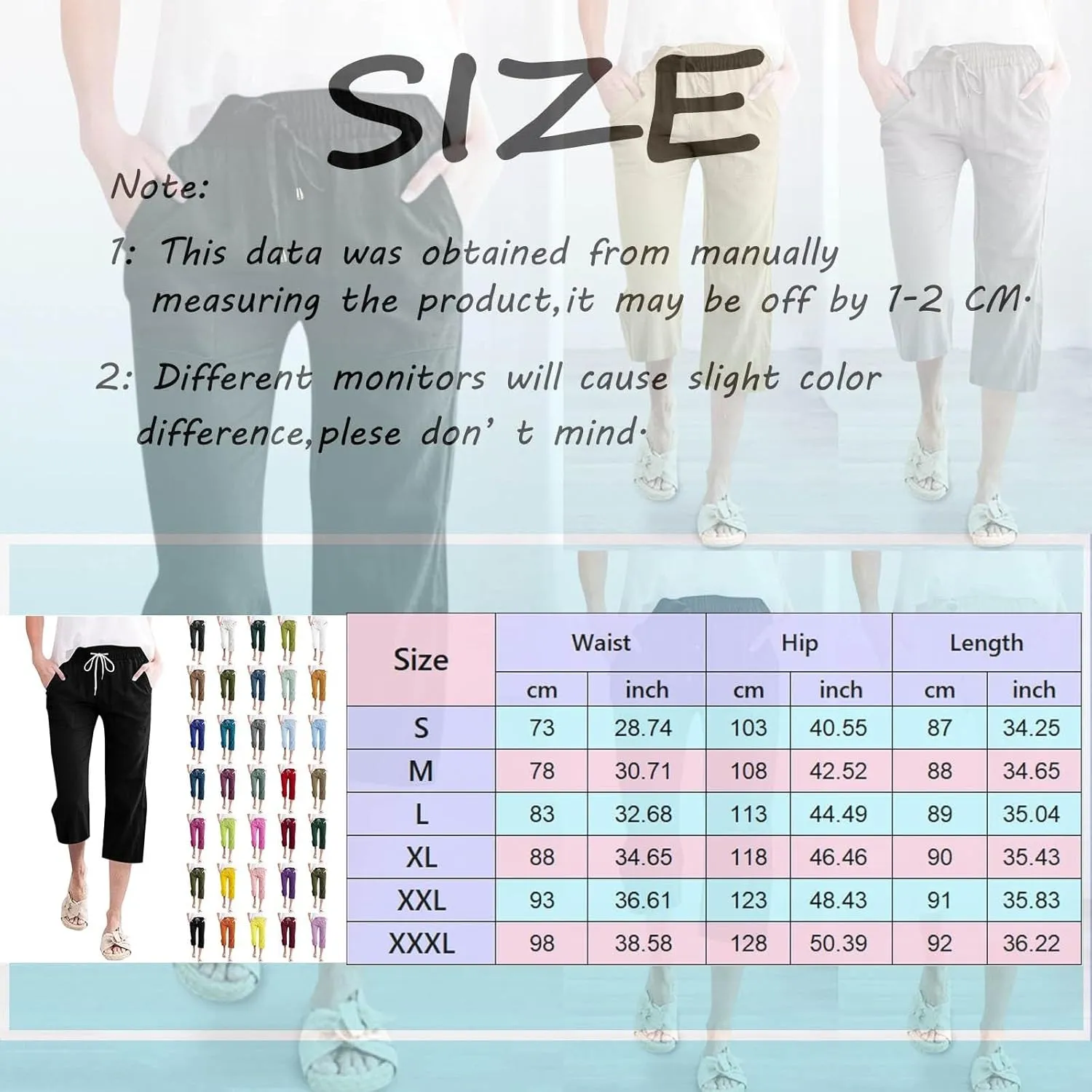 Womens Linen Boho Capris Pants Fashion Drawstring Elastic Trousers Comfy Straight Leg Long Womens Capris for Summer