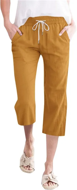 Womens Linen Boho Capris Pants Fashion Drawstring Elastic Trousers Comfy Straight Leg Long Womens Capris for Summer
