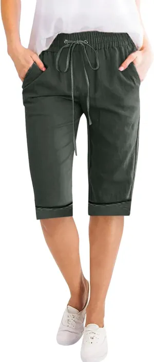 Womens Linen Boho Capris Pants Fashion Drawstring Elastic Trousers Comfy Straight Leg Long Womens Capris for Summer