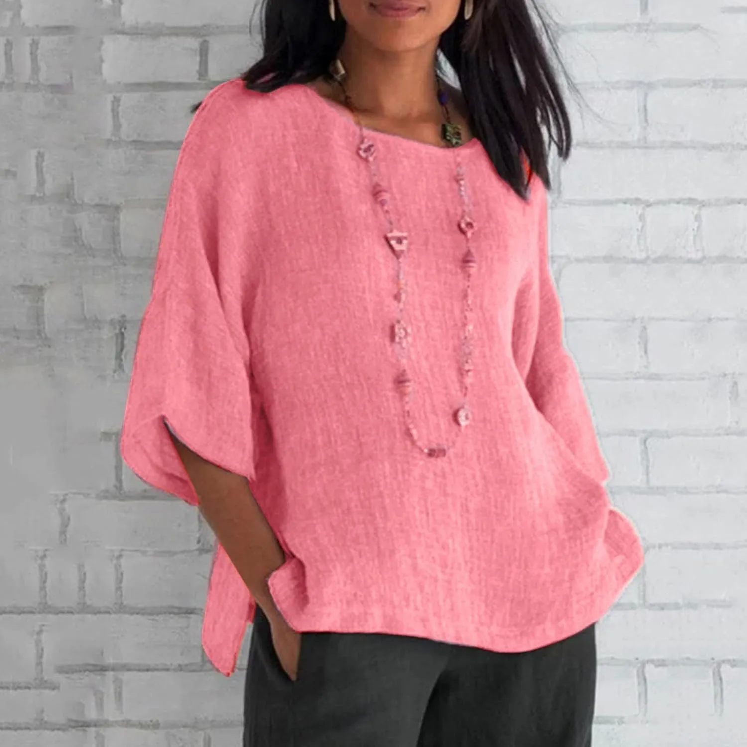 Women's Linen Shirts Summer Linen Bohemian Long Sleeve Tunic Tops Casual Loose Fit Basic Crewneck Tshirts