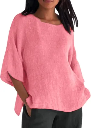Women's Linen Shirts Summer Linen Bohemian Long Sleeve Tunic Tops Casual Loose Fit Basic Crewneck Tshirts