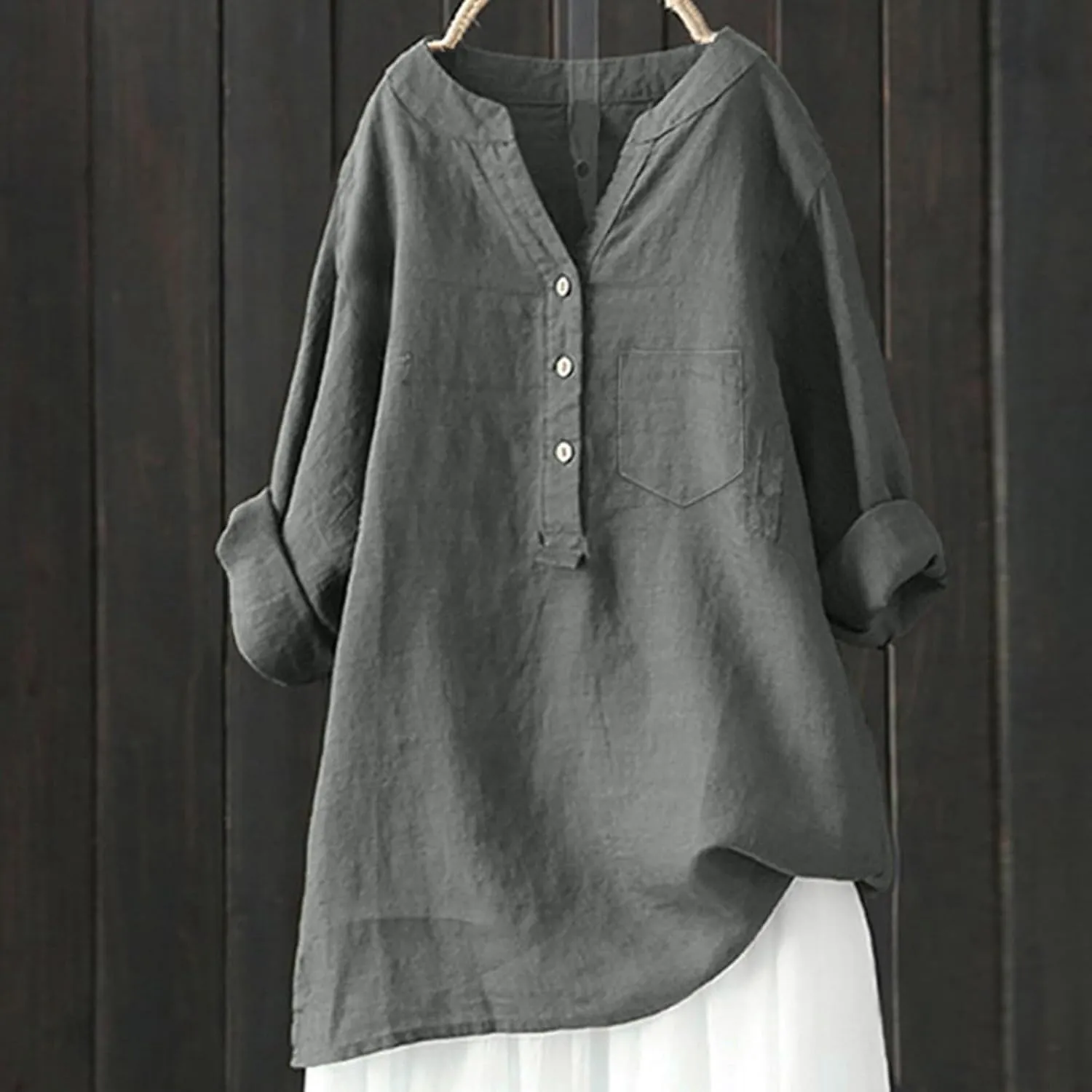 Women's Linen Shirts Summer Linen Boho Long Sleeve Tunic Tops Casual Loose Fit Trendy V Neck Blouses Top
