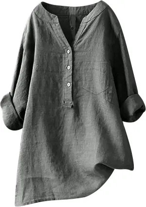 Women's Linen Shirts Summer Linen Boho Long Sleeve Tunic Tops Casual Loose Fit Trendy V Neck Blouses Top