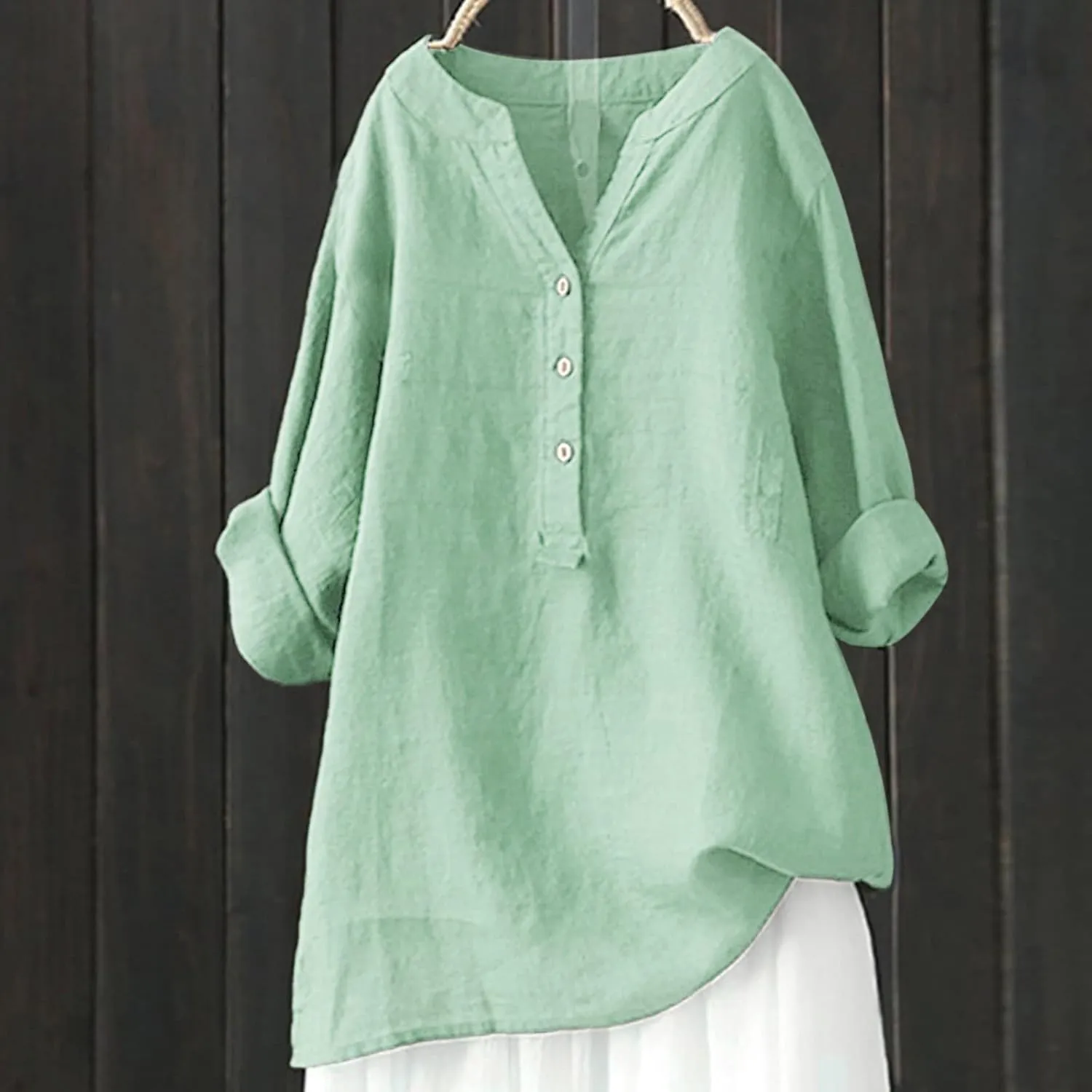Women's Linen Shirts Summer Linen Plain Solid Long Sleeve T Shirt Casual Plus Size Henley V Neck Blouses Top