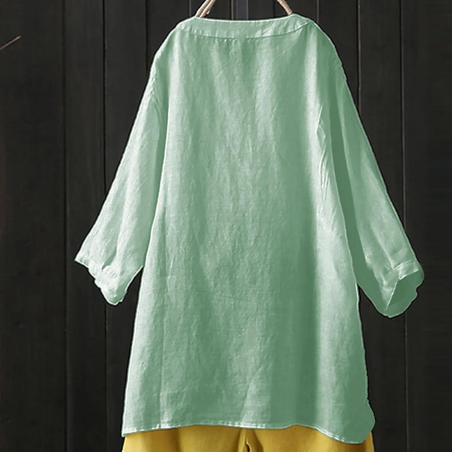 Women's Linen Shirts Summer Linen Plain Solid Long Sleeve T Shirt Casual Plus Size Henley V Neck Blouses Top