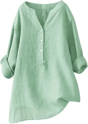 Women's Linen Shirts Summer Linen Plain Solid Long Sleeve T Shirt Casual Plus Size Henley V Neck Blouses Top