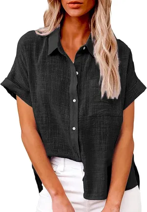 Women's Linen Shirts V Neck Button Up Blouse Lapel Collar Basic Tee Shirt Short Sleeve Loose Tunics Top