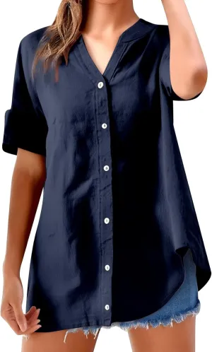 Women's Linen Shirts V Neck Button Up Blouse Lapel Collar Basic Tee Shirt Short Sleeve Loose Tunics Top