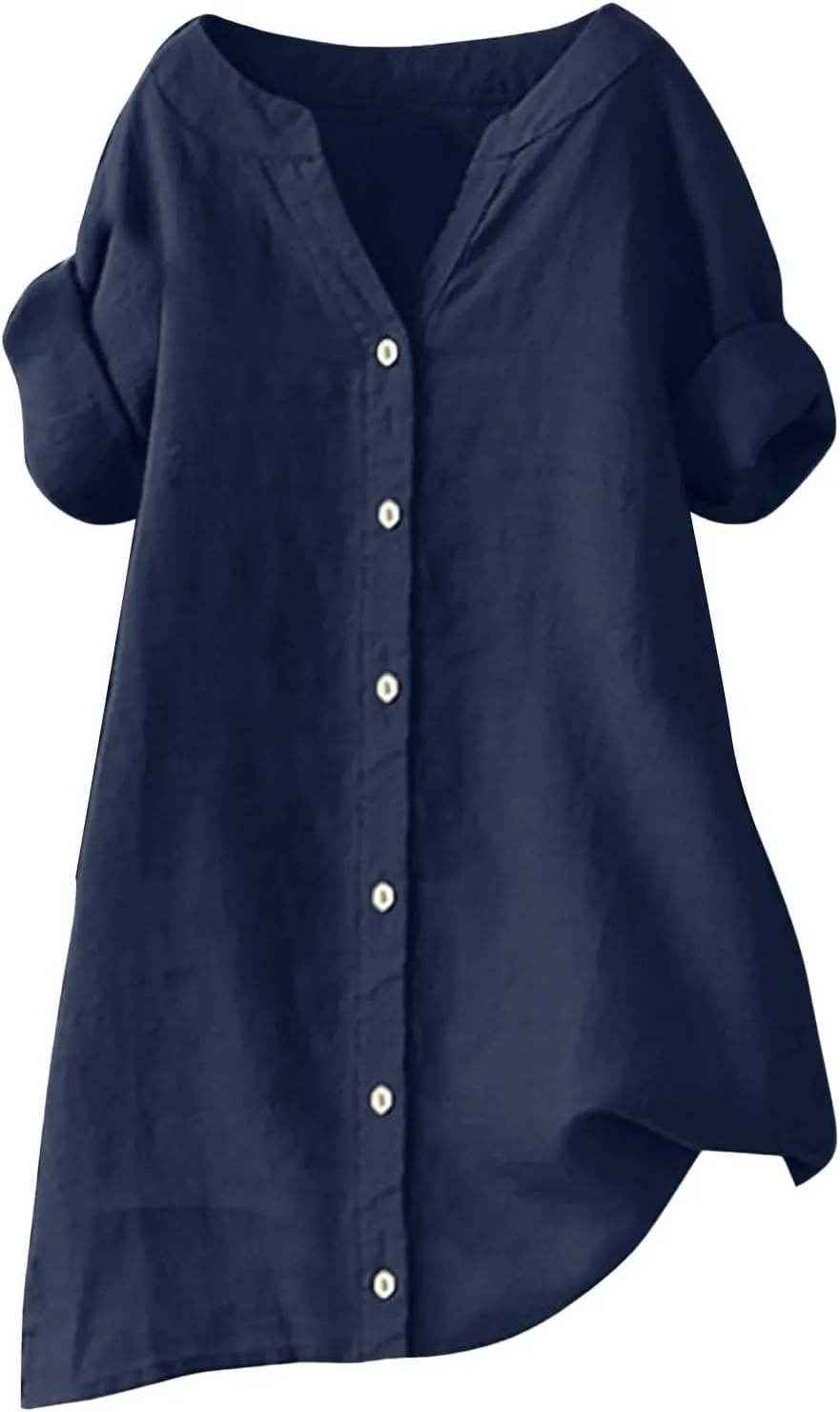 Women's Linen Shirts V Neck Button Up Blouse Lapel Collar Basic Tee Shirt Short Sleeve Loose Tunics Top