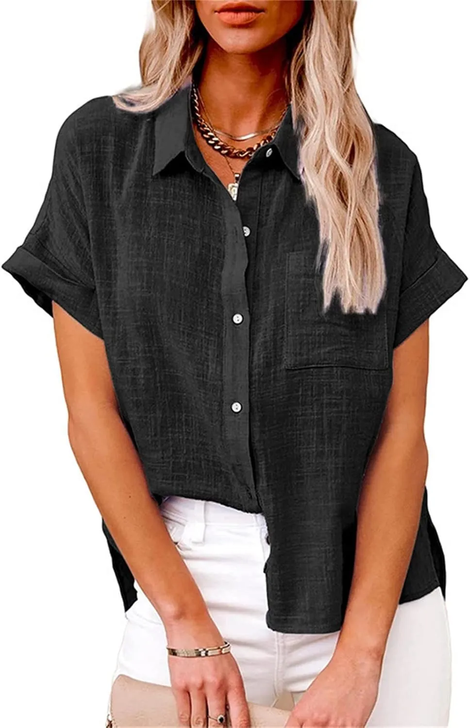 Women's Linen Shirts V Neck Button Up Blouse Lapel Collar Basic Tee Shirt Short Sleeve Loose Tunics Top
